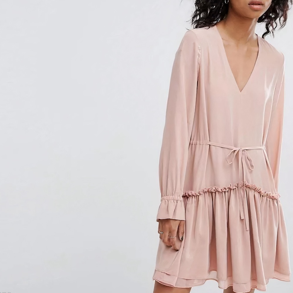 All Saints Alia Ruffle Silk Dress Nude Pink